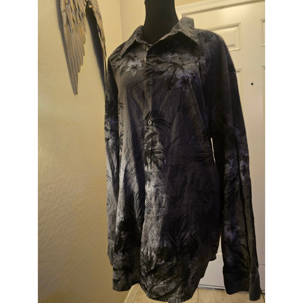 Mens Tonal Tropical Floral Long Sleeve Button Down Shirt Charcoal Grey XL XXL
